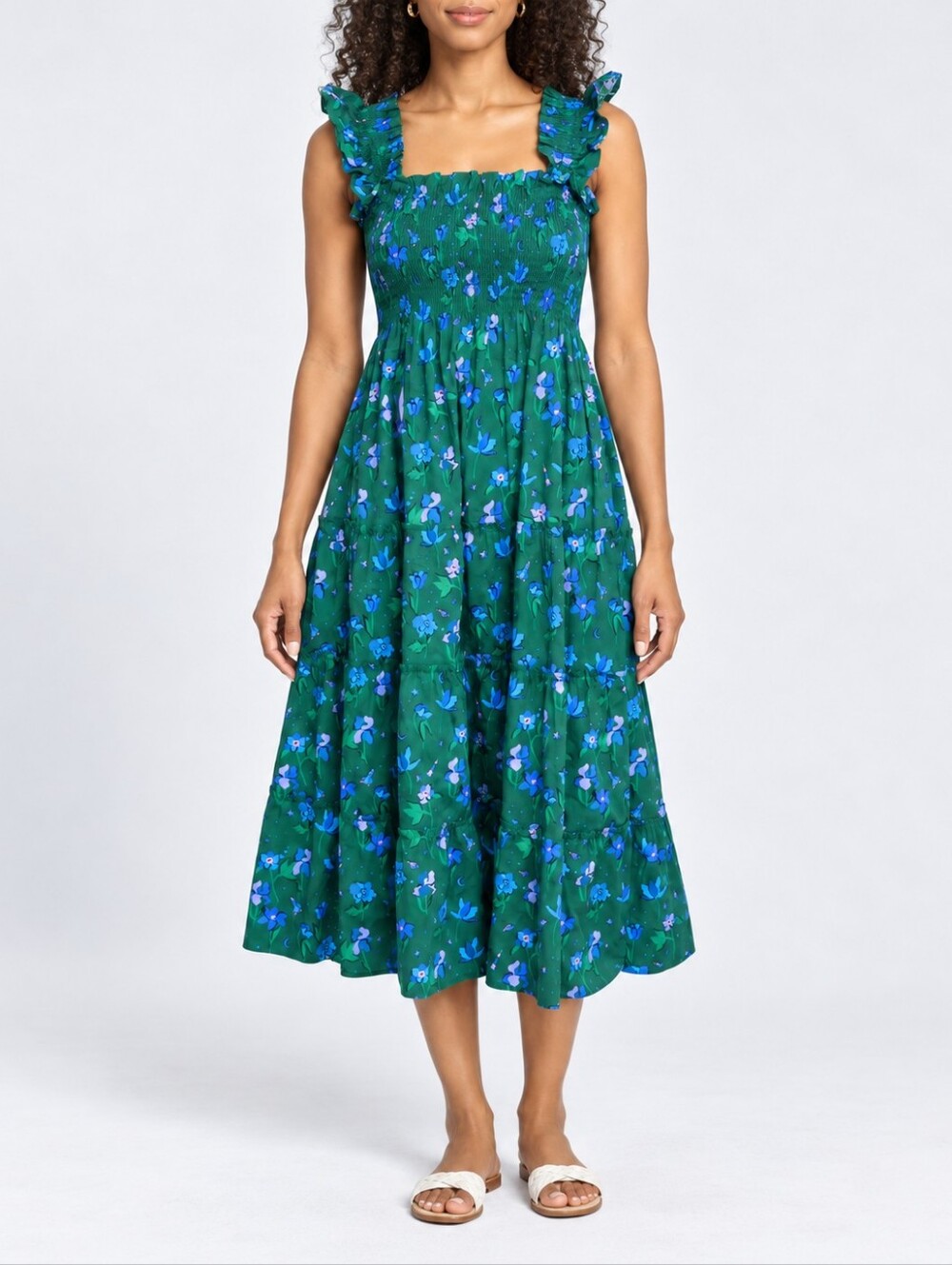 Hill House Ellie Nap Dress Green Botanical Floral XXS Smocked Tiered Midi